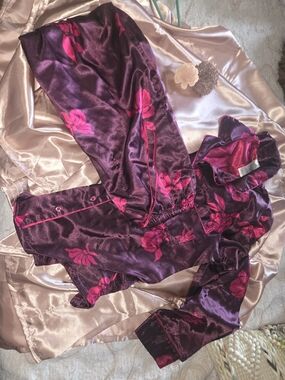Womens' Floral Burgundy and Pink Satin Pajama Set